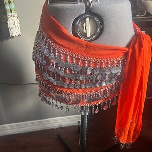 Orange and Silver Belly Dance Hip Scarf.